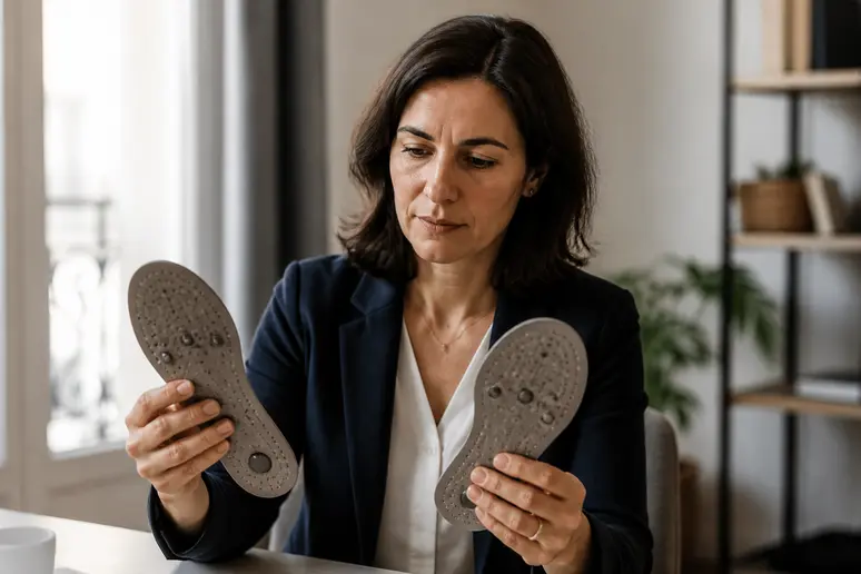 Une femme examine les semelles Akusoli, appréciant leur composition pour un confort quotidien.