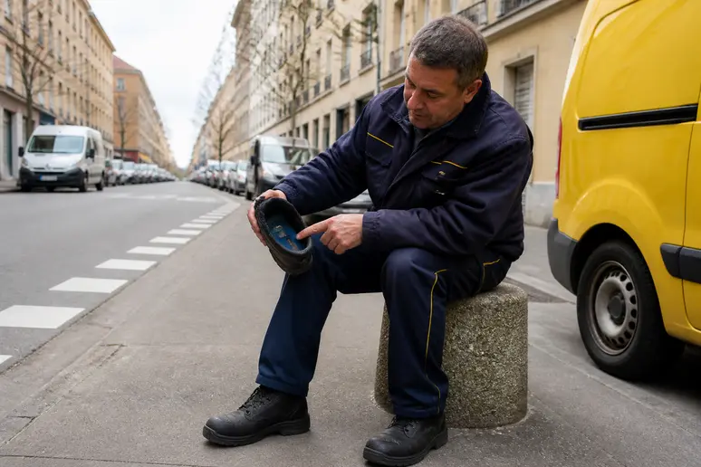 Un facteur français installe des semelles Akusoli dans ses chaussures de travail pour plus de confort.
