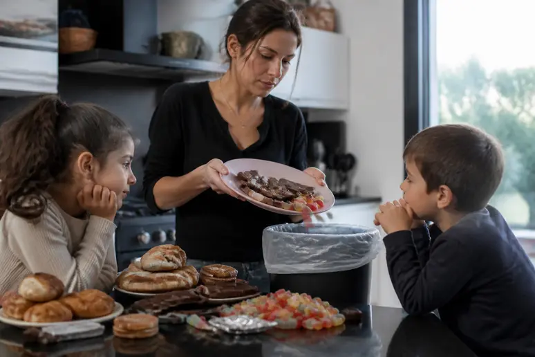 Mère jetant des aliments sucrés interdits : crise d'acétone aliments à éviter dans la cuisine.