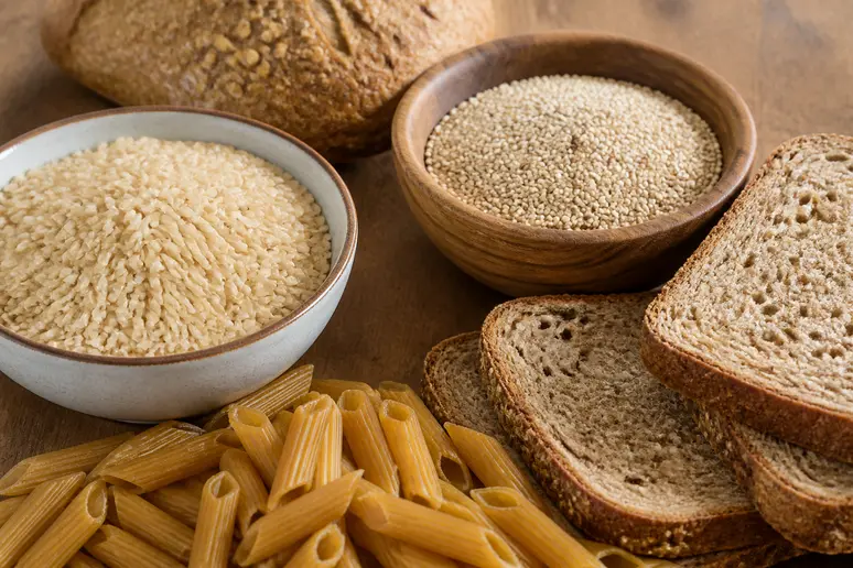 Assortiment de céréales complètes et pains : prévention crise d'acétone aliments à éviter.