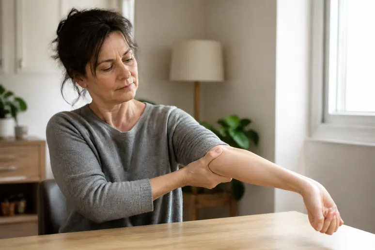 Exercice pour décoincer nerf cubital : femme effectuant un glissement nerveux du bras.