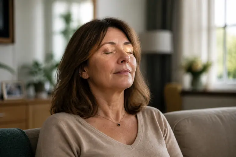 Femme méditant les yeux fermés, percevant des flashs lumineux intérieurs, spiritualité et science.