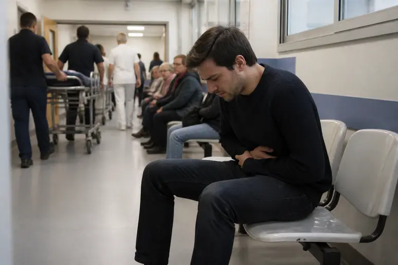 Patient anxieux attendant dans une salle d'urgence pour une douleur à la fosse iliaque droite.