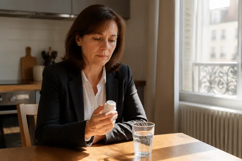 Une femme réfléchit à son traitement, le goût de sel dans la bouche peut être lié aux médicaments.