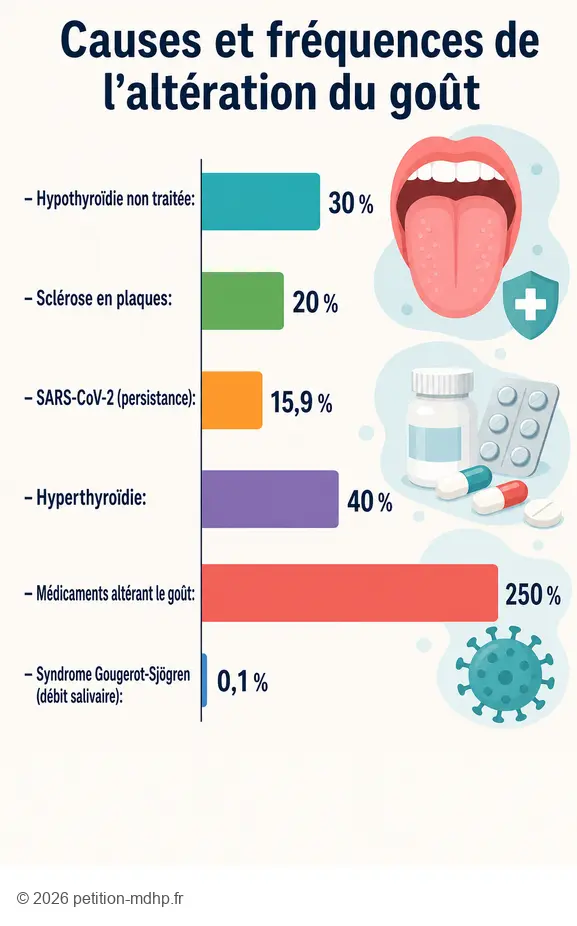 Infographie sur le goût de sel dans la bouche : causes variées comme hypothyroïdie, SP, COVID-19 et médicaments.