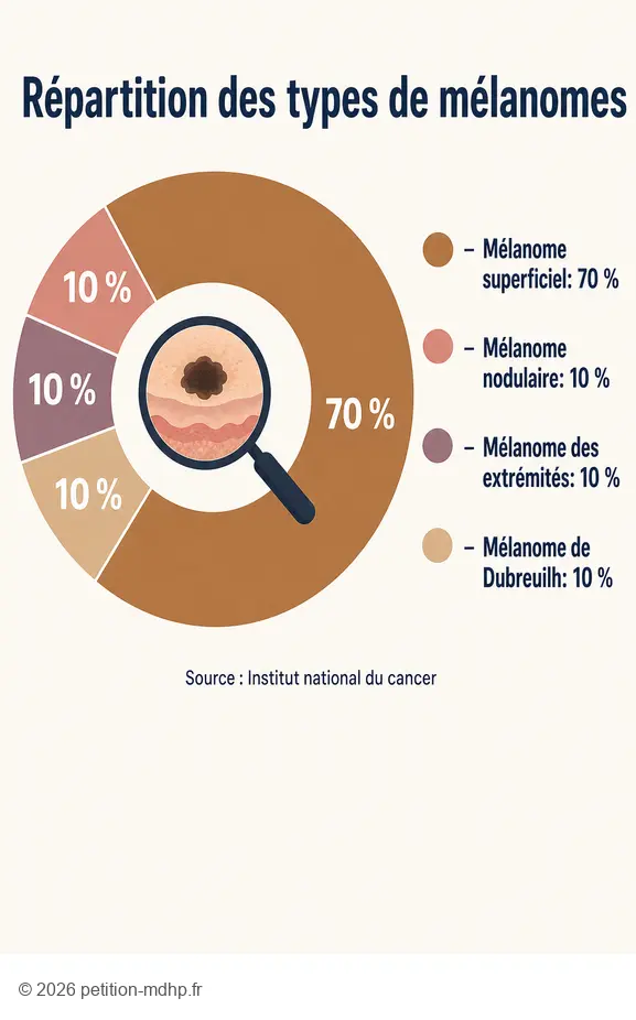 Infographie sur la répartition des types de mélanomes, un danger potentiel du grain de beauté qui tombe.