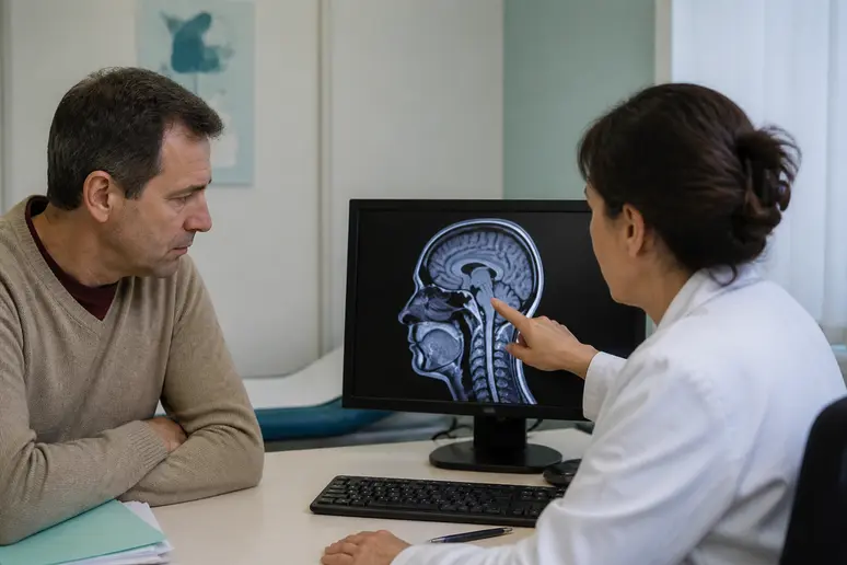 Médecin expliquant un hypersignal flair sur une IRM à un patient en France.