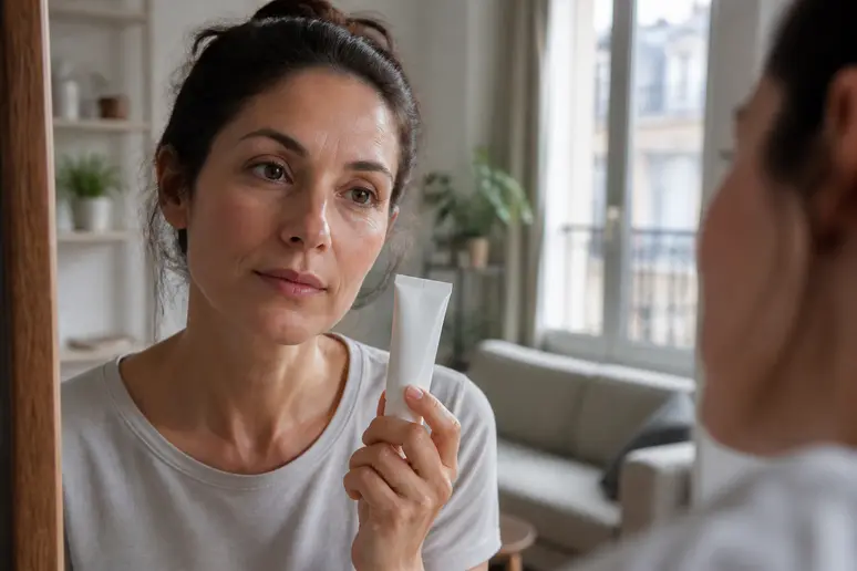 Femme examine un tube d'Ialuset, interrogeant le danger potentiel pour le visage.
