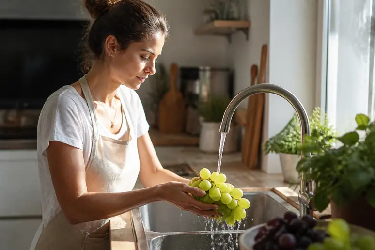 Une femme prépare les 3 fruits à éviter pendant la grossesse en les lavant soigneusement à l'eau claire.