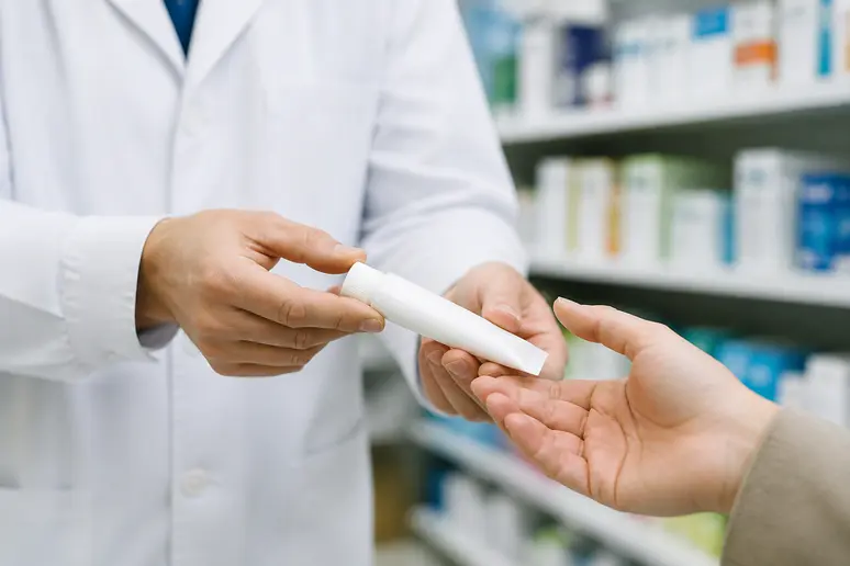 Un pharmacien remet une crème pour les mains, soulageant la main droite qui gratte signification.