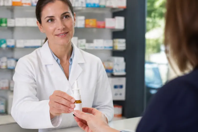 Pharmacien remettant un spray nasal pour traiter l'odeur de brûlé dans le nez.