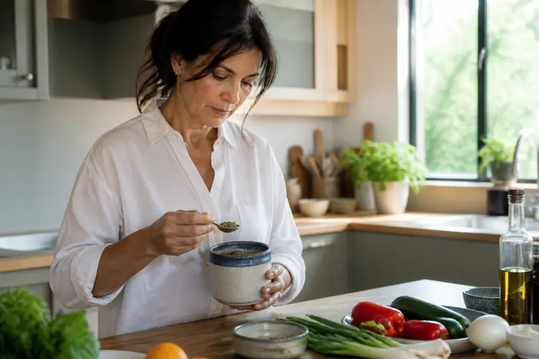 Femme mesurant un remède de grand-mère pour maigrir du ventre dans sa cuisine.