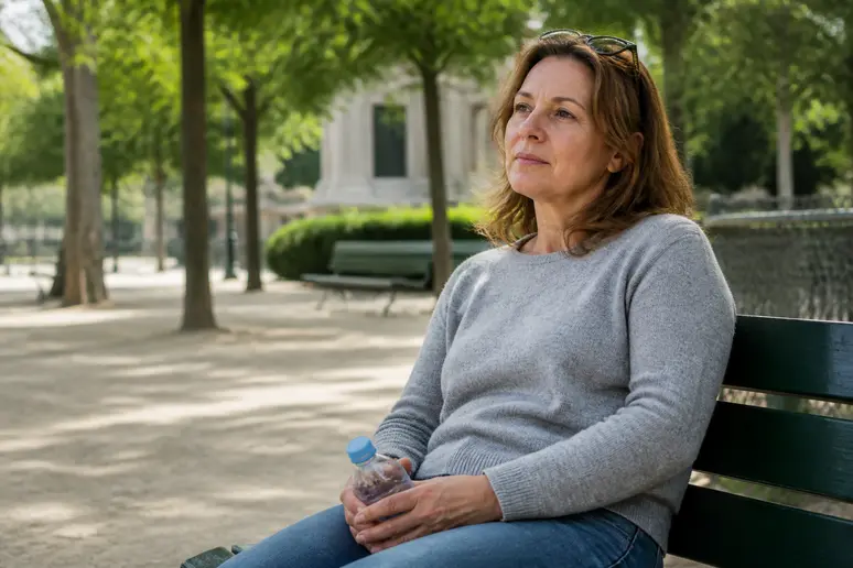 Femme détendue dans un parc parisien réfléchissant à son bien-être et au seresta et perte de poids.