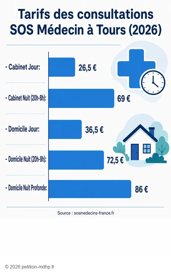 Comparaison des tarifs SOS Médecin à Tours en 2026 : cabinet vs domicile, jour vs nuit.