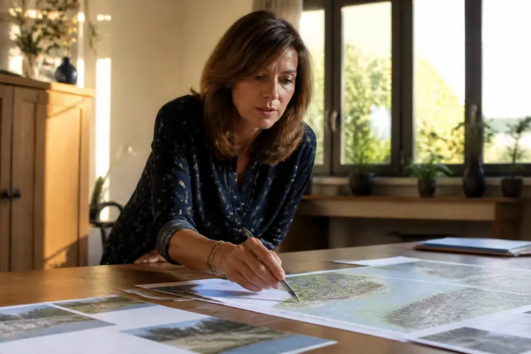 Femme consultant des documents d'urbanisme pour l'aménagement d'une sports cabin chez elle.