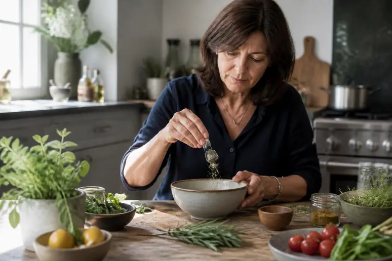 Femme française préparant une alimentation équilibrée pour un traitement naturel pour ne plus uriner la nuit