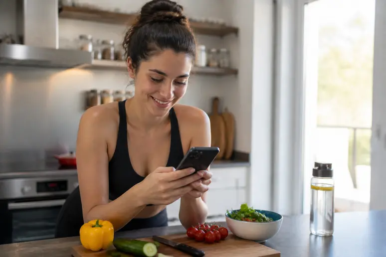 Une jeune femme française utilise l'application Yazio sur son smartphone dans sa cuisine moderne pour suivre ses repas. Avis Yazio.