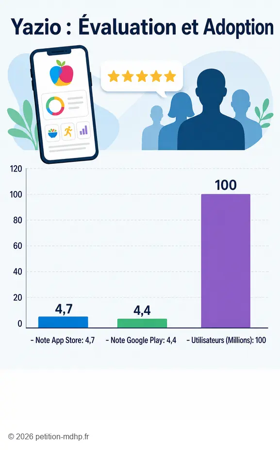 Yazio avis : note moyenne élevée sur App Store et Google Play, et plus de 100 millions d'utilisateurs.